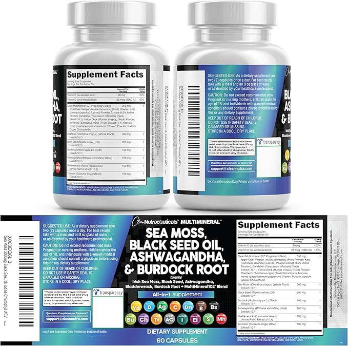 Clean Nutraceuticals Sea Moss Black Seed Oil Ashwagandha Turmeric Bladderwrack Burdock &amp Vitamin C Vitamin D3 with Elderberry Manuka Dandelion Yellow Dock Iodine Chlorophyll ACV - 2Pack