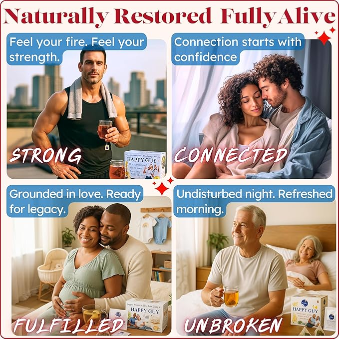Dr. Lu’s Happy Tea for Guy | 100% Natural Energy Tea for Men | Supports Prostate Vitality &amp Fertility | 11-Herb Blend with Maca Corn Silk &amp Hibiscus in Corn Fiber Tea Bags Made in USA