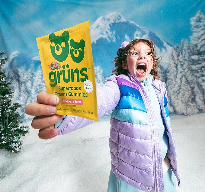 Gruns Multivitamin for Kids Sugar-Free Super Greens Superfood Gummy Bears with 20 Vitamins &amp Minerals Alfalfa Spirulina Chlorella Prebiotics Fiber for Digestive Health Adaptogens 28 ct