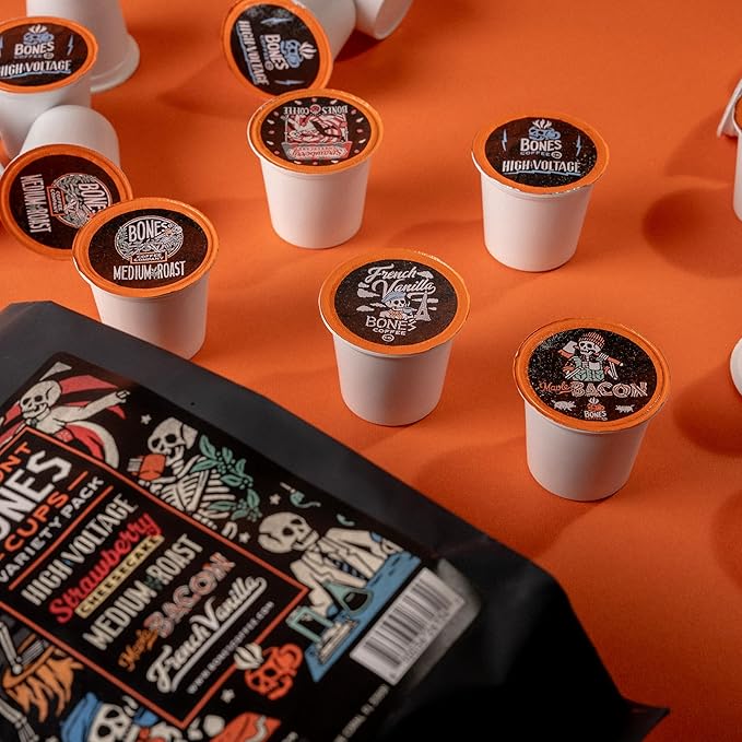 Bones Coffee Company Variety Flavored Coffee Pods French Vanilla Maple Bacon Strawberry Cheesecake Medium Roast High Voltage Bones Cups Compatible with 1.0 &amp 2.0 K-Cups Brewers 20 Count