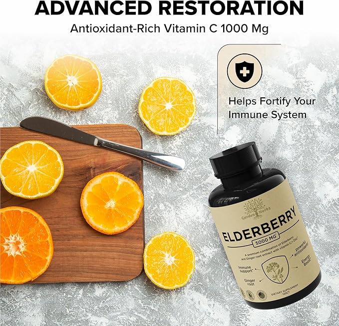 Elderberry with Vitamin C Zinc &amp Ginger – Potent Immune Booster 5000 Mg Elderberry Zinc &amp Vitamin C – Non-GMO Immunity Vitamins for Adults to Help You Feel Vibrant 120 Caps