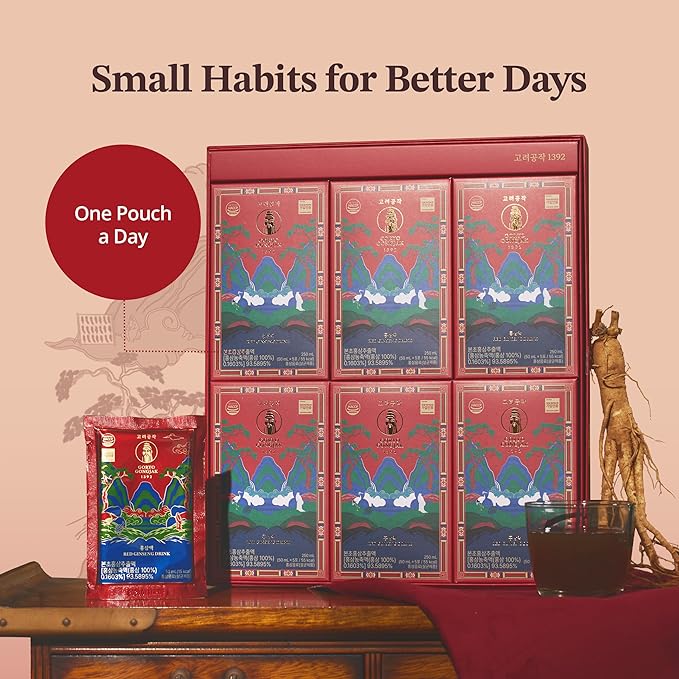 GORYO GONGJAK 1392 Korean Red Ginseng Herbal Energy Drink Made from 6 Year Old Roots | Premium Ginseng Extract | Caffeine Free | Vegan Friendly Korean Gift Set 50ml x 30 Pouches