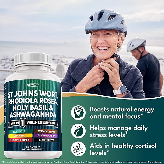 NEW AGE St Johns Wort Rhodiola Rosea Holy Basil Ashwagandha - Support for Women and Men with Vitamin C &amp Black Pepper Extract - 60 Count