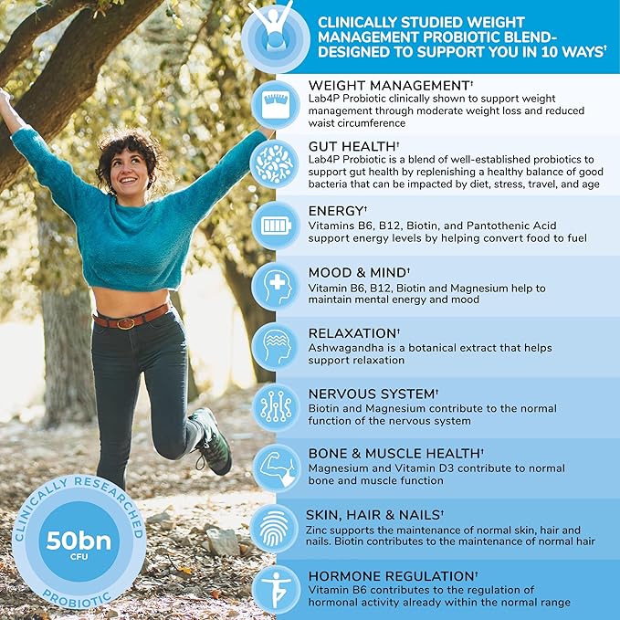 Health &amp Her Weight Management Probiotics for Women - Perimenopause &amp Menopause Supplement - Clinically Studied 50bn CFU Probiotics to Support Gut Health Energy Mood &amp Mind Vegan (60 ct