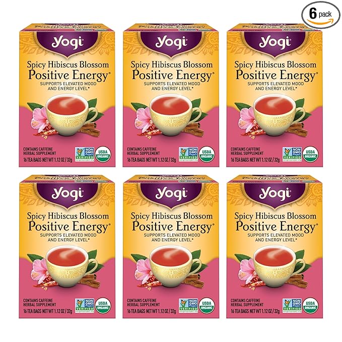 Yogi Tea Spicy Hibiscus Blossom Positive Energy Tea - 16 Tea Bags per Pack (6 Packs) - Organic Herbal Tea to Support Energy - Includes Black Tea Leaf Hibiscus Flower Cinnamon Bark &amp More