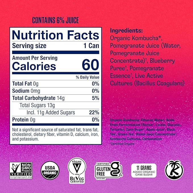 Health-Ade Pomegranate Blueberry Kombucha Organic Drink 12-Pack (11.5 Fl Oz Cans) - Fermented Tea with Probiotics Detoxifying Acids Supports Gut Health - Non-GMO Vegan Gluten-Free