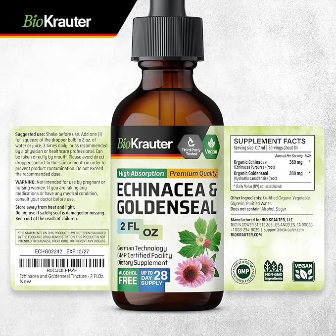 BIO KRAUTER® Echinacea Goldenseal for Immune &amp Respiratory Support - Pure Vegan Echinacea Drops with Goldenseal - Natural Respiratory Supplements 2 Fl.Oz 28-Day Supply - Alcohol &amp Sugar Free
