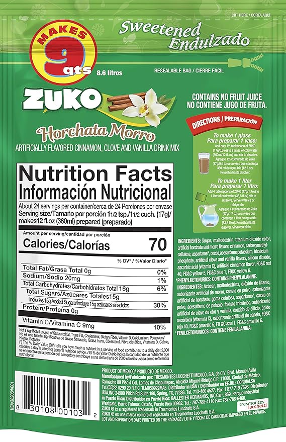 Zuko Horchata Morro Instant Powder Drink | Family Pack | No Sugar Needed | Vitamin C | 14.1 Ounce (Pack of 2)
