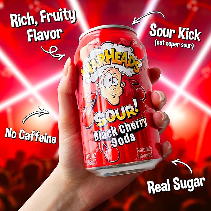 Sour Fruity Soda with Classic Warheads Flavors – Perfectly Balanced Sweet and Sour Soda - Warheads Candy Throwback Treat Soda Cocktail Mixer Pack of 12 12oz Cans (Black Cherry)