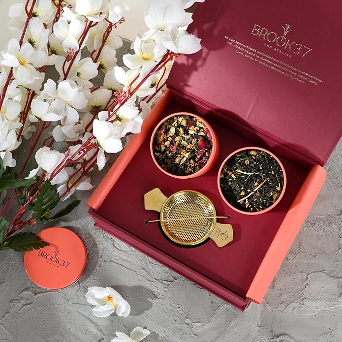 Brook37 Aurum Collection Premium Tea Gift Box - 2-Pc Loose Leaf Tea Variety Pack with Handcrafted Brass Tea Infuser | Luxury Magnetic Gift Box | Ideal Tea Gift Set