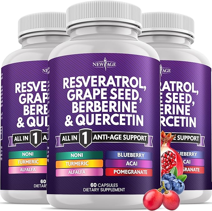 NEW AGE Resveratrol Berberine Grape Seed Extract Quercetin Polyphenol Supplement for Women and Men with Noni N-Acetyl Cysteine Acai - 180 Capsules