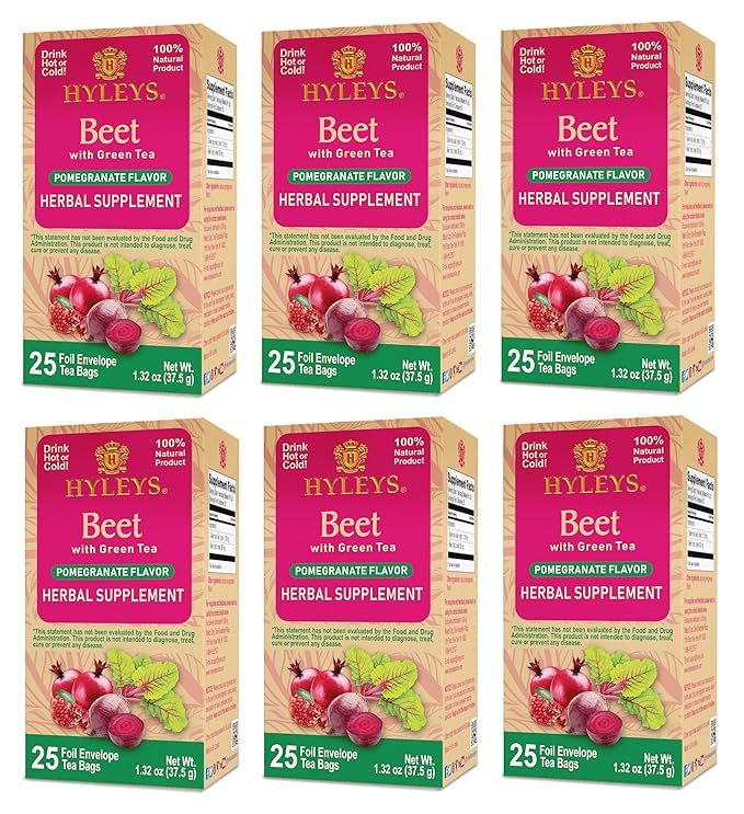 Hyleys Beet &amp Green Tea with Natural Pomegranate Flavor - Herbal Energy Tea - Supports Focus - 25 Tea Bags - (6 Pack - 150 Tea Bags Total)