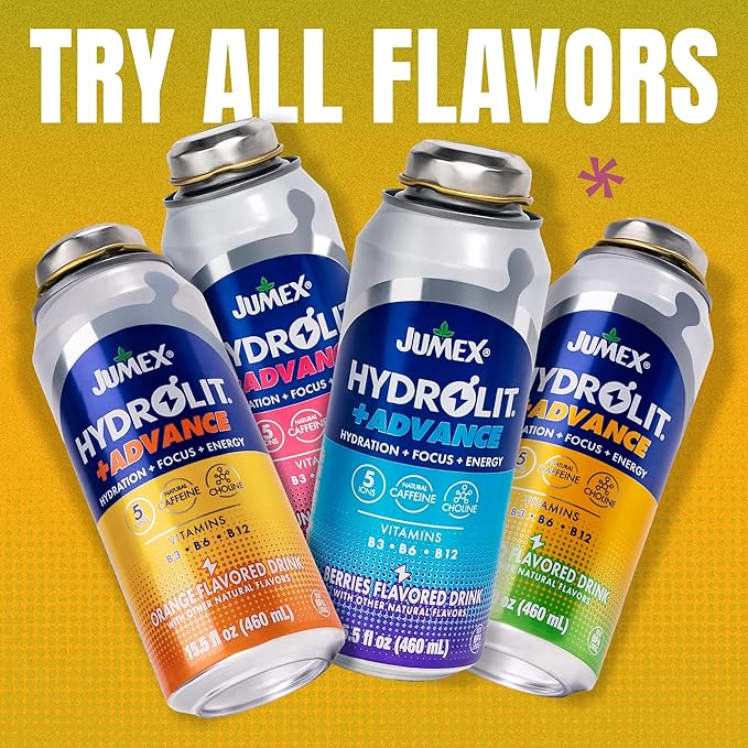 Jumex Hydrolit +Advance Hydration Energy Drinks - 90 Calorie Mango Sports Drinks - Non Carbonated Electrolyte &amp Vitamin Water with Ions Choline B3 B6 B12 &amp Natural Caffeine - 15.5oz 12 Pa