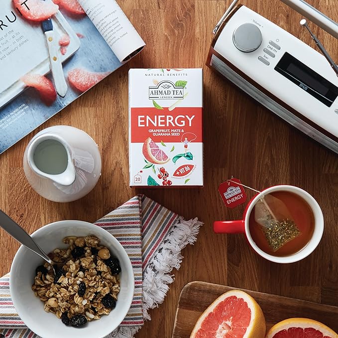 Ahmad Tea Herbal Tea Grapefruit Mate Guarana Seed &amp Vitamin B6 'Energy' Natural Benefits Teabags 20 ct (Pack of 6) - Caffeinated &amp Sugar-Free