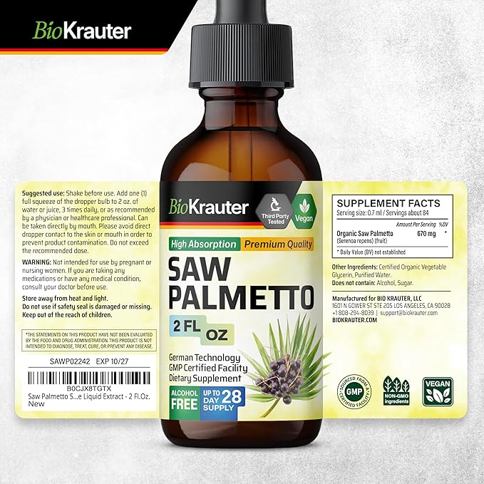 BIO KRAUTER® Saw Palmetto for Men &amp Women - Pure Vegan Liquid Drops Saw Palmetto 670 mg per Serving 2 Fl.Oz 28-Day Supply - Prostate Health Supplements for Men &amp DHT Blocker* - Alcohol &amp S