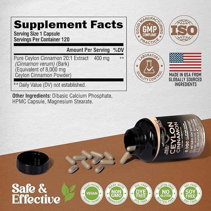 Ceylon Cinnamon Capsules - Extra Strength - Energy Heart &amp Metabolism Support - for Men &amp Women - Pure Natural Extract 20:1 Supplement - Made in USA - GMO &amp Gluten Free 120 Capsules 4 M