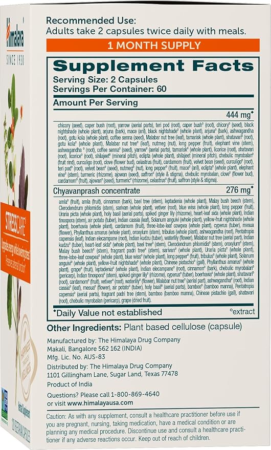 Himalaya StressCare 30 Day Supply - Herbal Adrenal Support for Calming Relaxation Stress Relief Energy Support and Occasional Sleeplessness - Vegan Non-GMO Gluten Free 120 Capsules