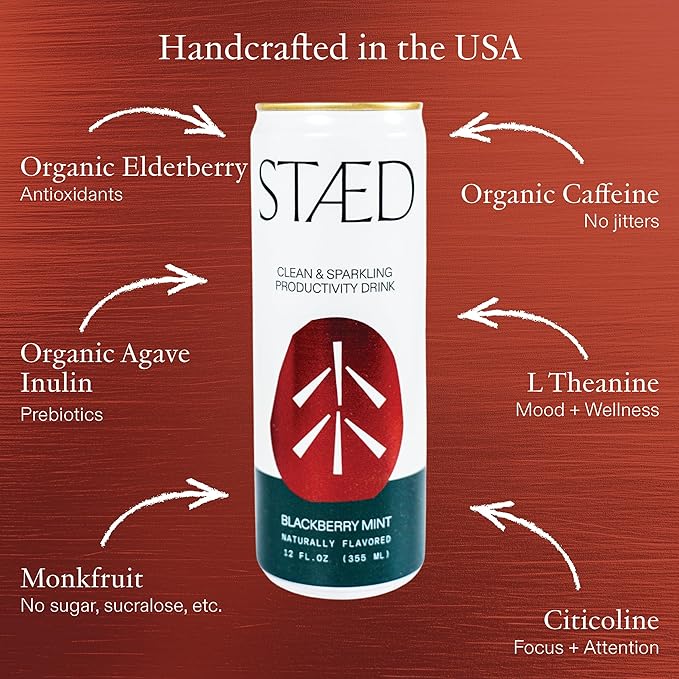 Drink Staed Blackberry Mint Productivity Drink Sparkling Functional Beverage 12-Pack – With Cognizin® Citicoline &amp L-Theanine Organic Clean Caffeine Healthy Energy Drink
