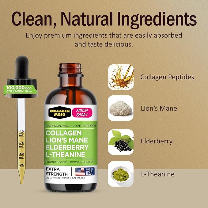 Collagen Mojo - Liquid Collagen for Women &amp Men Collagen Peptides with Lion's Mane Mushroom Elderberry &amp L-Theanine - Hair Skin Nails Joint Support Focus High Absorption - 100000mcg 2