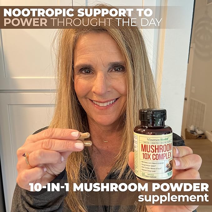 Mushroom 10x Complex with Lions Mane Extract Turkey Tail Cordyceps Reishi Shiitake Chaga &amp Maitake for Cognitive Support – Vegan Mushroom Supplement Blend for Natural Energy &amp Focus – 60