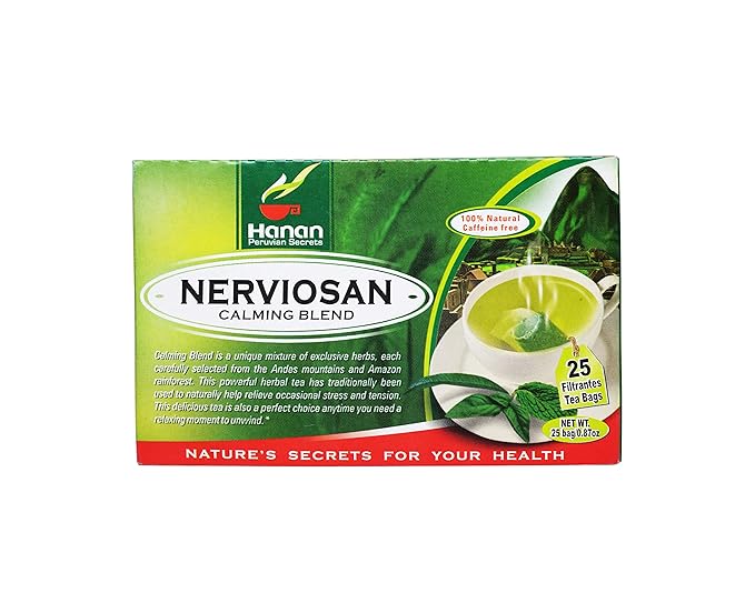 Hanan Peruvian Secrets Nerviosan Herbal Tea | 100% Natural Calming Blend | 25 Tea Bags | Naturally Aids in Relieving Occasional Stress and Tension | Safely Promotes Relaxation