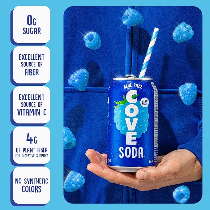 Cove Prebiotic Soda Soft Drinks with Zero Sugar - Refreshing Healthy Soda Alternative with 4g of Fiber for Digestive Support - Natural Caffeine Free Sparkling Beverage - Blue Razz 12 Pack