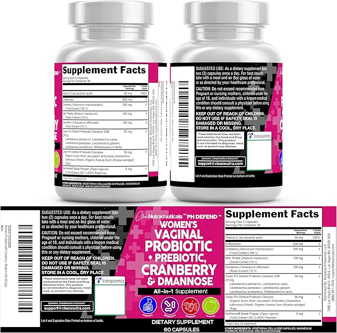 Clean Nutraceuticals Vaginal Probiotics for Women + Prebiotics 20 Billion Cranberry Pills w D-Mannose 500 mg for Urinary Tract Health pH Balance - for Vaginal Health Supplements Pills - 2Pack