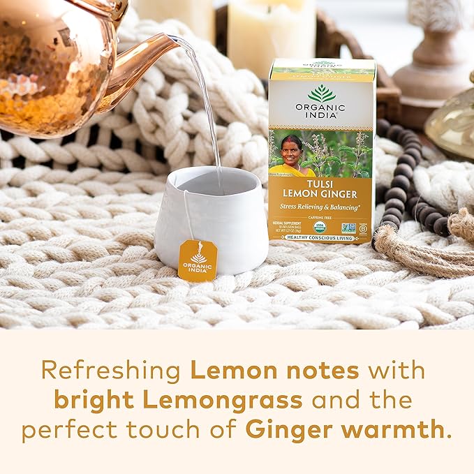 Organic India Tulsi Lemon Ginger Herbal Tea - Stress Relieving &amp Reviving Immune Support Aids Digestion Vegan USDA Certified Organic Non-GMO Caffeine-Free - 18 Infusion Bags 3 Pack