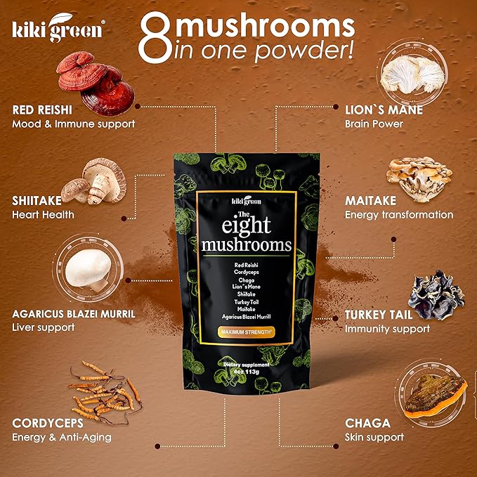 KIKI Green 8 Mushrooms Powder Extract - 4 oz Adaptogenic Complex for Coffee and Smoothies - Lion's Mane Chaga Reishi Cordyceps Maitake Shiitake - Focus and Energy