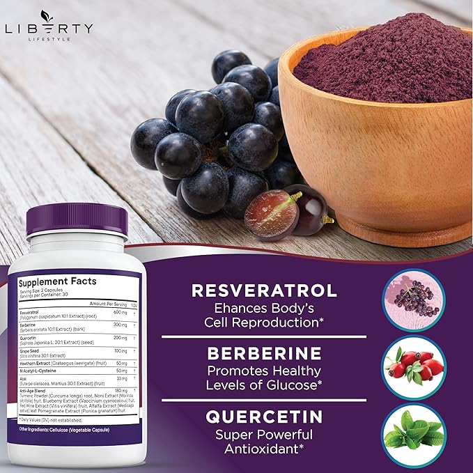 Resveratrol Berberine Grape Seed Extract Quercetin Polyphenol Supplement for Women and Men with Noni Extract N-Acetyl Cysteine Acai Extract - 2-Pack