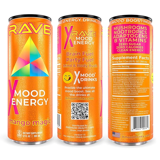 RAVE Mood Energy Drink is Mind Blowingly Different. With Mood-Boosting Functional Mushrooms Nootropics Adaptogens &amp B Vitamins. Experience Mind &amp Body Rush! 225mg Caffeine - Electrolytes - Z