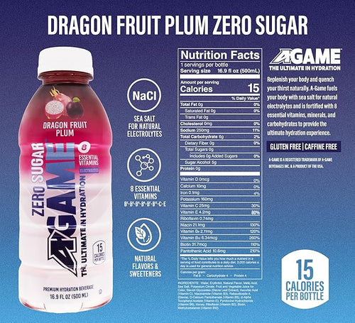 A-GAME Zero Sugar Sports Drink Dragon Fruit Plum Zero Sugar The Ultimate Sugar Free Hydration Sports Beverage 8 Essential Vitamins including B C &amp E plus Sea Salt Electrolytes All Natural Fl