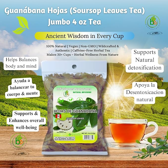 Guanábana Hoja Seca Té (Dried Soursop Leaves Tea) Combo 4 oz Bag + Moringa Soursop &amp Curcuma (Turmeric) 90 Capsules Organically Grown 1500 mg per Serving – 100% Natural Vegan – Powerful Anti