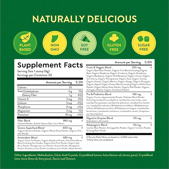 360 Nutrition Blends with Benefits Super Greens Powder w/Probiotics Digestive Enzymes Sugar &amp Gluten Free Plant Based Superfood Drink Mix for Gut Health Bloating Immunity Overall Health 6.3