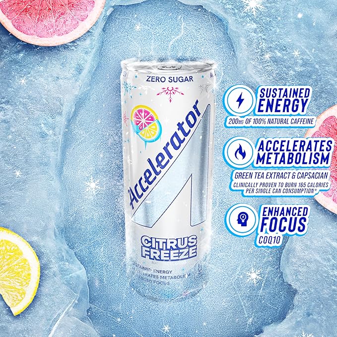 Accelerator Energy Drink Citrus Freeze 12oz can (12 pack) Zero Sugar Sustained Energy from 100% Natural Caffeine (200mg from Green Coffee Bean &amp Green Tea extract)
