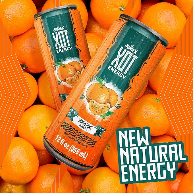 Jumex XOT Energy Drink - Tangerine - Natural Caffeine from Mexican Coffee Beans - Carbonated Preworkout with Vitamin B2 B3 B5 B12 - Mexican Drinks - Bebidas Energéticas - 12 Fl oz 12 Pack Cans