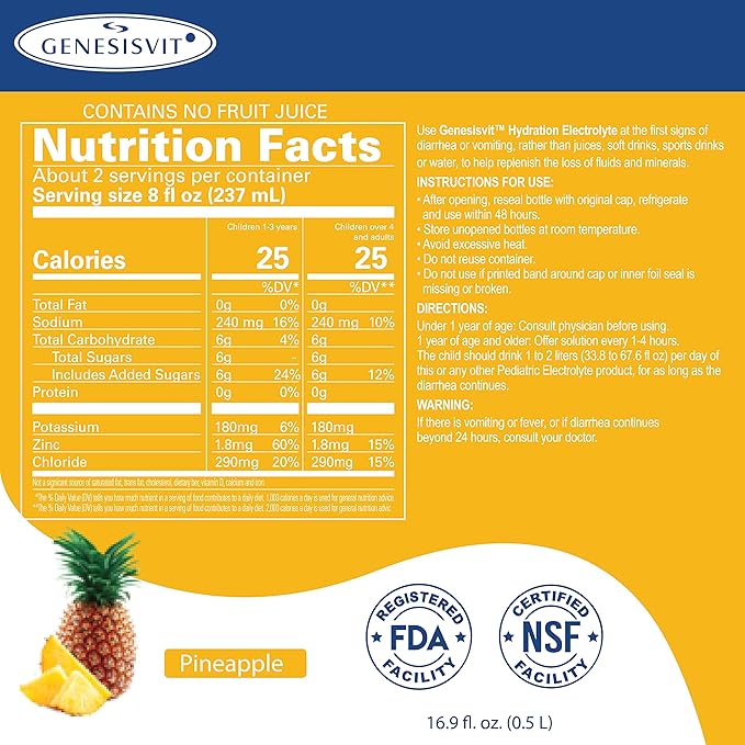 ALFA VITAMINS GenesisVit Electrolyte Solution Hydration Drink with Electrolytes for Optimal Wellness Pineapple Flavor Supports Hydration &amp Immune Health 12 Bottles 16.9 FL OZ Each 12 Pack