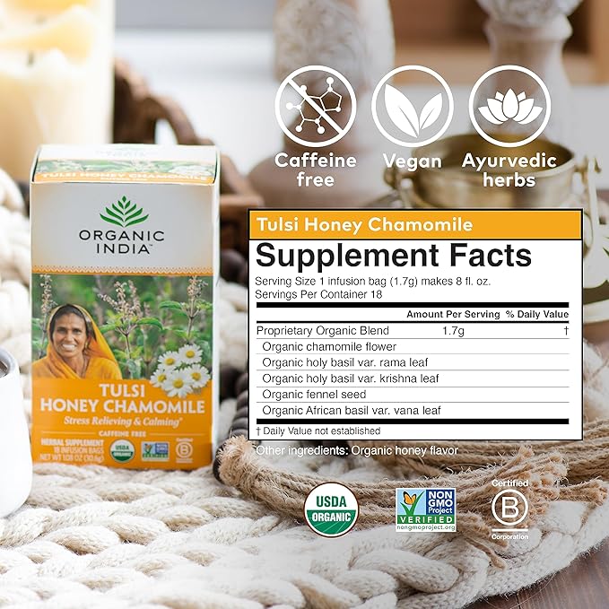 Organic India Tulsi Honey Chamomile Herbal Tea - Holy Basil Stress Relieving &amp Calming Immune Support Adaptogen Vegan USDA Certified Organic Caffeine-Free - 18 Infusion Bags 6 Pack