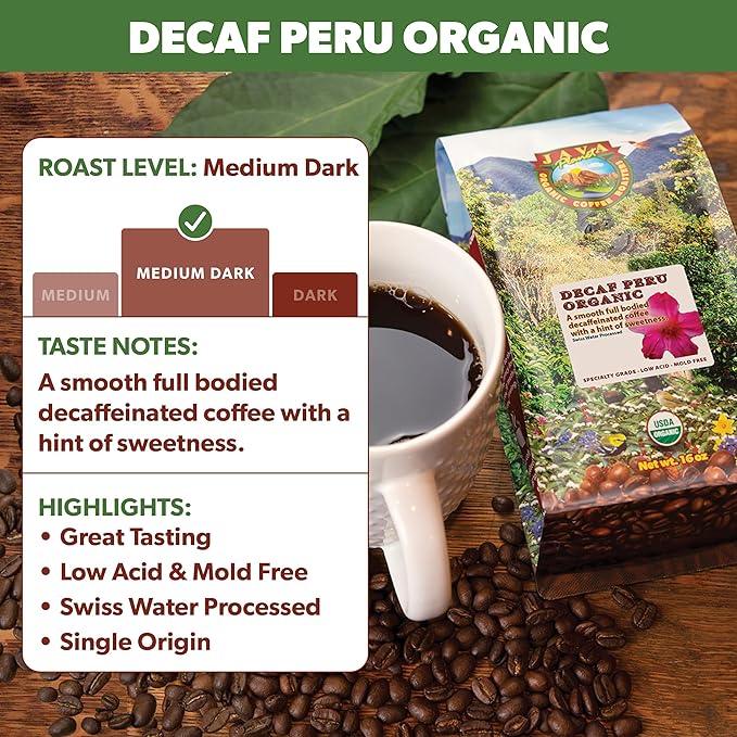 Low Acid Organic Coffee – Whole Bean Mold-Free &amp Stomach Friendly by Java Planet Peruvian Single Origin Decaf Coffee Medium Dark Roast Water Process Smooth Full Flavored 1LB Bag