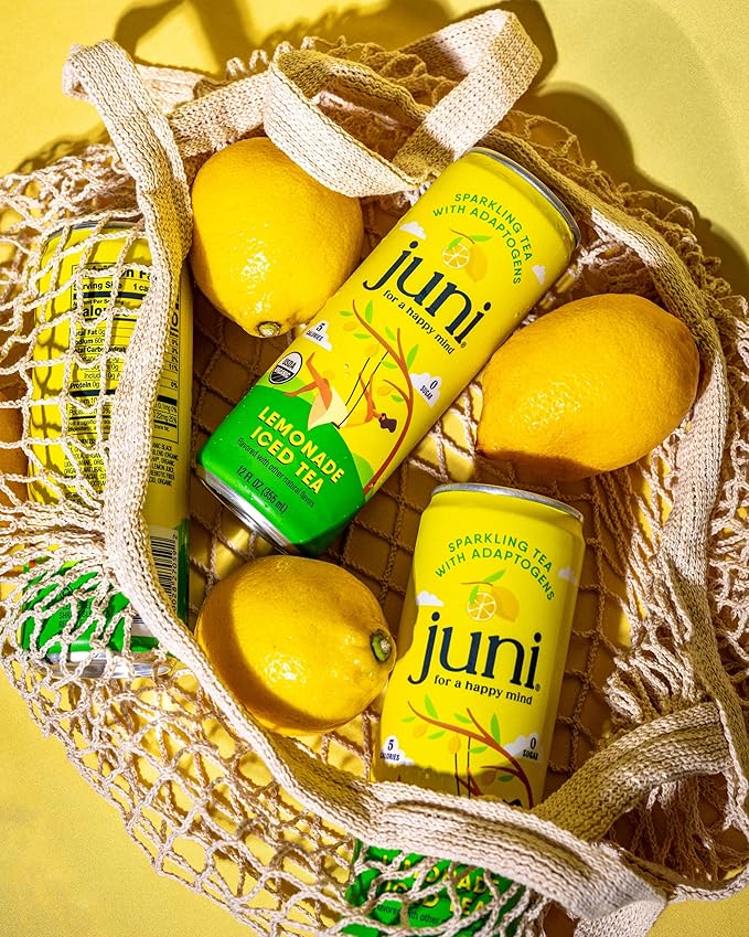 Juni Sparkling Adaptogen Drink with Ashwagandha Lion’s Mane &amp Reishi Mushrooms Green Tea for Focus Zero Sugar 10 Calories Organic Non Alcoholic Drinks - Lemonade Iced Tea 12 pack