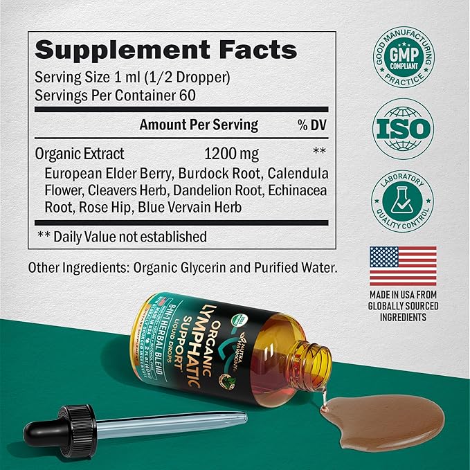 USDA Organic Lymphatic Drainage Supplement - Echinacea | Elderberry | Dandelion | Rosehip | Cleavers | Calendula | Burdock - Made in USA - Lymph System Drops - Immune Support Cleanse &amp Detox 2 f