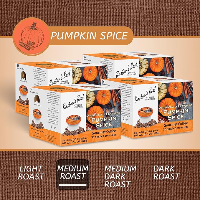 Boston’s Best - Fall-Inspired Pumpkin Spice Coffee Medium Roast Flavored Gourmet Flavour Compatible with Keurig Coffee Maker 1 Count (144 Single Serve Cups)