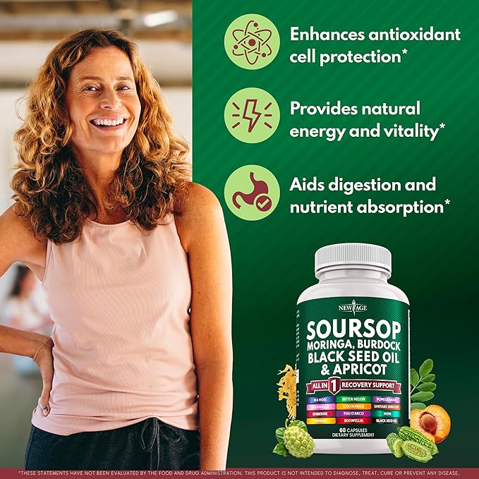 Soursop Supplement - Moringa Sea Moss Black Seed Oil Berberine Turmeric Apricot Quercetin Greens Bitters Boswellia Bitter Melon Burdock Root - 180 Capsules
