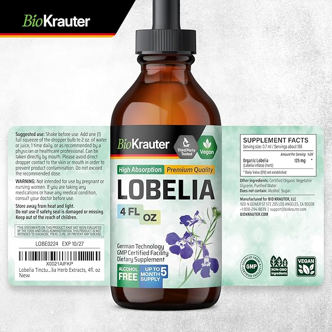 BIO KRAUTER Lobelia Tincture for Lung Cleanse &amp Detox - Pure Vegan Lobelia Herb Liquid Extract - 4 Fl.Oz 168 Days of Supply - Respiratory Support Supplement - Alcohol &amp Sugar Free Non-GMO