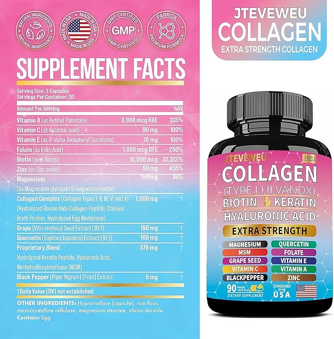 Collagen Supplement - Type I II III V and X - with Biotin Keratin Hyaluronic Acid &amp 13+ Extra Strength Ingredients - （90 Capsules）