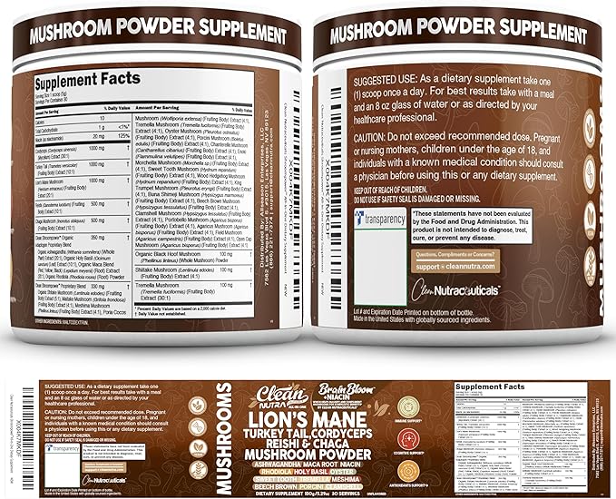 Clean Nutra Lion's Mane Turkey Tail Cordyceps Reishi Chaga Mushroom Powder + Ashwagandha Niacin Calm Stress Memory Adrenal Support Supplements Maca Rhodiola Holy Basil Apaptogen Supplement Unflavored