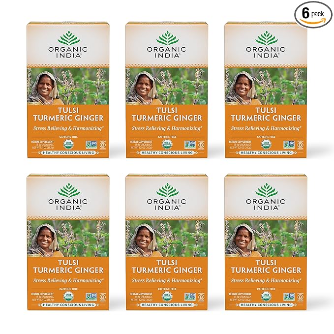 ORGANIC INDIA Tulsi Turmeric Ginger Herbal Tea - Stress Relieving &amp Harmonizing Immune Support Aids Digestion Vegan Caffeine-Free - 18 Infusion Bags 6 Pack