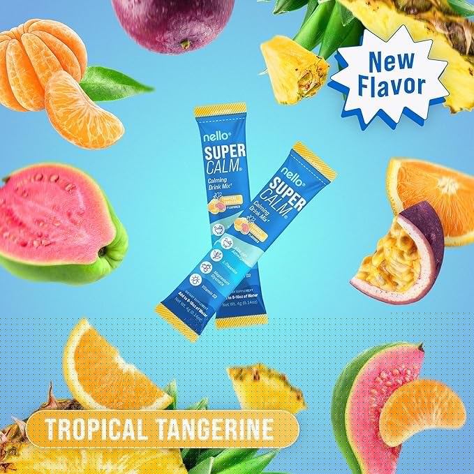 Nello Supercalm Drink Mix - Raspberry Lemonade and Tropical Tangerine Ashwagandha KSM 66 Magnesium Glycinate &amp L-Theanine Supplement - Focus and Relaxation Support (2 x 20 Travel Packets)