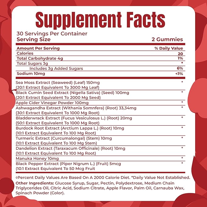 TrueSeaMoss Sea Moss &amp Apple Cider Vinegar Gummies – 10-in-1 Blend with Black Seed Oil Ashwagandha Turmeric Burdock Root &amp Bladderwrack – 60 Gummies