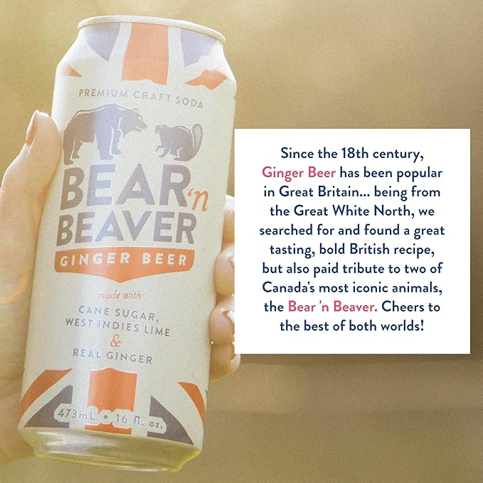 Bear 'n Beaver Premium Craft Ginger Beer Soda Soft Drinks Made with 100% Cane Sugar Real Ginger &amp Lime - Vegan &amp Gluten-Free - Bold Caffeine Free Flavor for Mocktails &amp Mixing - 12 Pack o